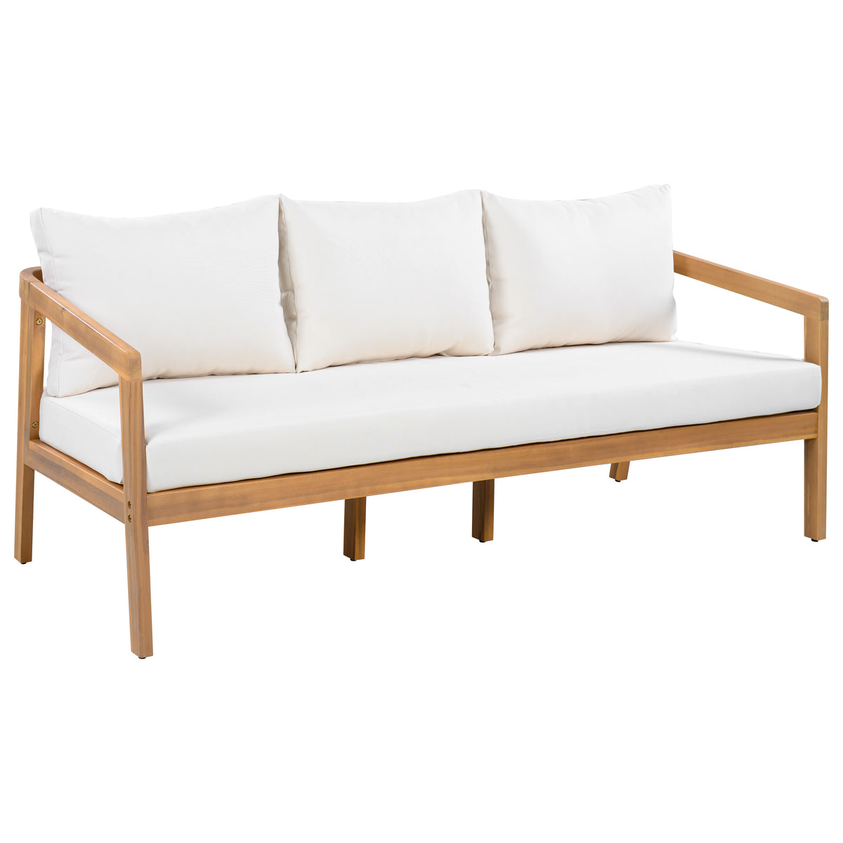 Credenza  Furniture Set with Removable Cushion, Outdoor Acacia Wood Conversation Set, Sold Wood Outdoor Sectional Sofa Set , Natural+Beige