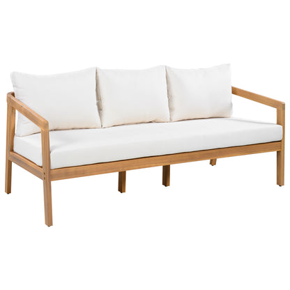 Credenza  Furniture Set with Removable Cushion, Outdoor Acacia Wood Conversation Set, Sold Wood Outdoor Sectional Sofa Set , Natural+Beige