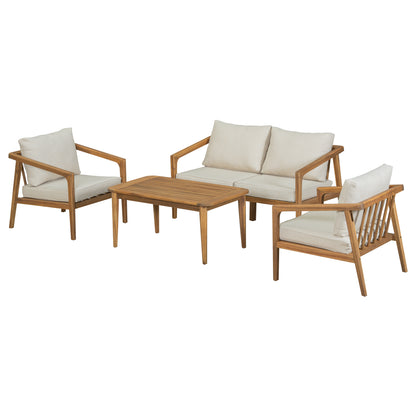 Lyrana Outdoor Acacia Wood Loveseat,Club Chairs and Coffee Table Set with Cushions