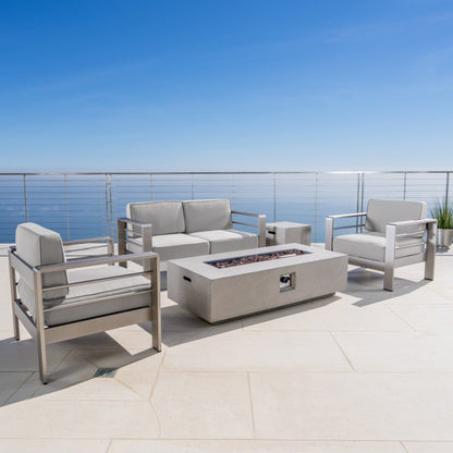 Crested Bay 5pc Modern Outdoor Aluminum Sofa & Chairs Set With Fire Pit