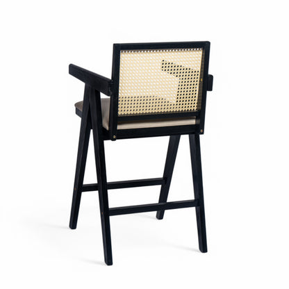 Lomiare Cream Grey Woven Cane Plastic Backrest Bar Stool - Foam-Padded Fabric Seat & Durable Rubberwood Frame