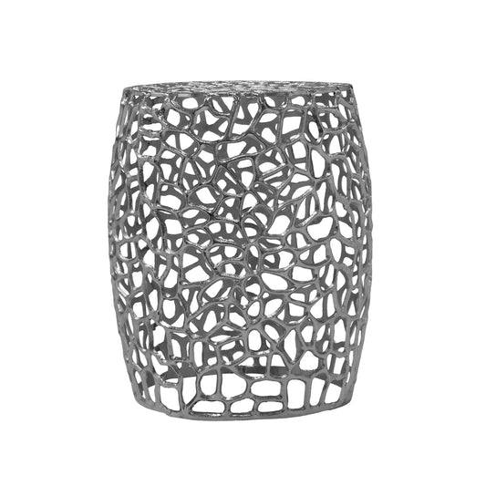 Saga Aluminum Drum hollow End Table with Intricate Design