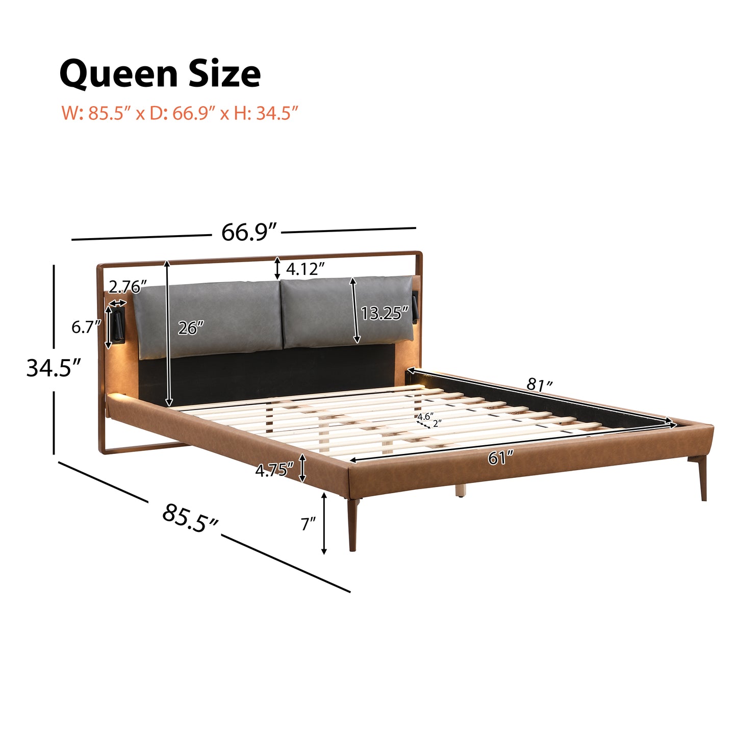 Mireva Brown&Gray Leather King Bed with 2pcs Night Lights