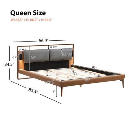 Mireva Brown&Gray Leather King Bed with 2pcs Night Lights