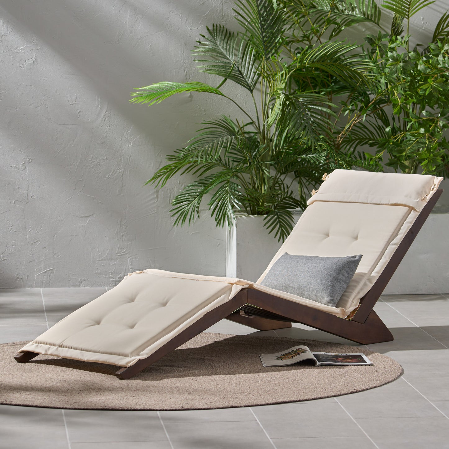 Midori Mahogany Wood Folding Chaise Lounger Chair w/ Cream Cushion
