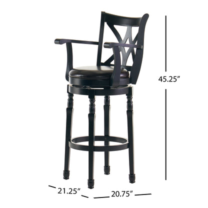 Montreal Farmhouse Black Bonded Leather Swivel Barstool with Arms
