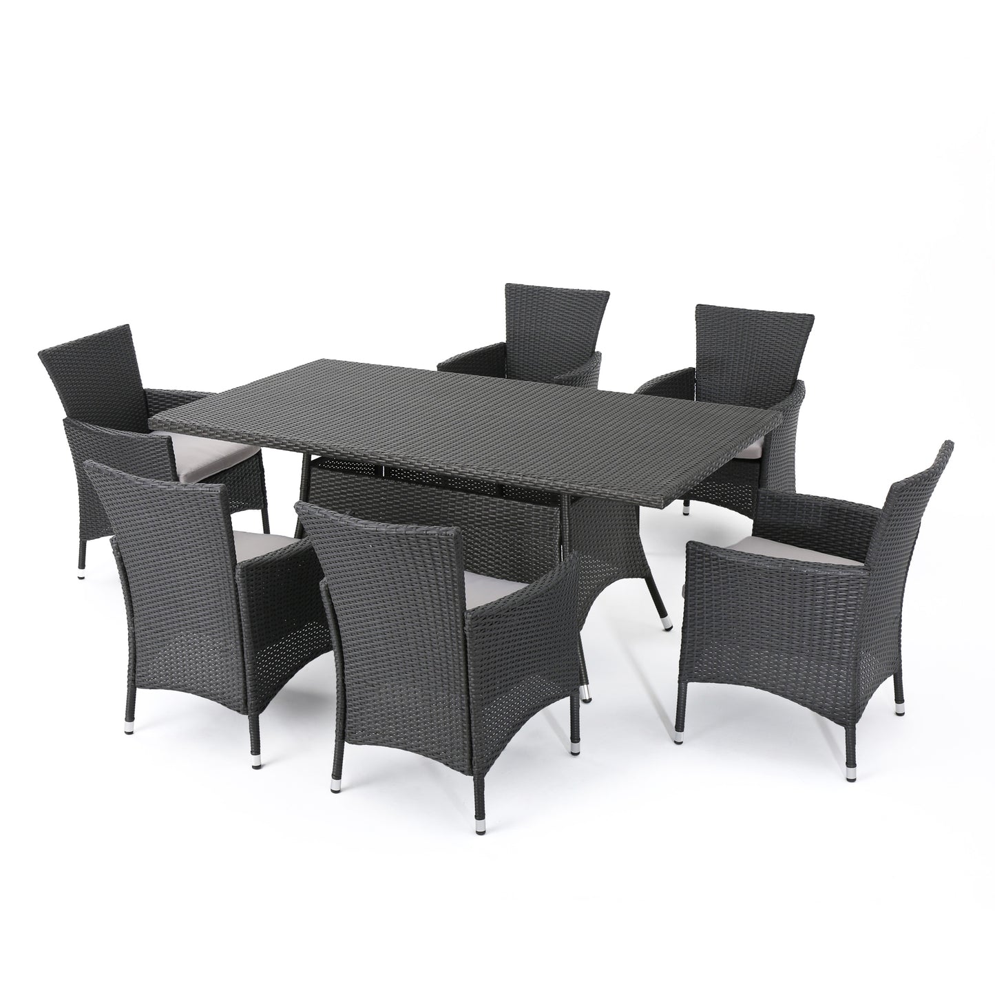 Macalla Outdoor 7-Piece Gray Wicker Dining Set with Light Gray Cushions