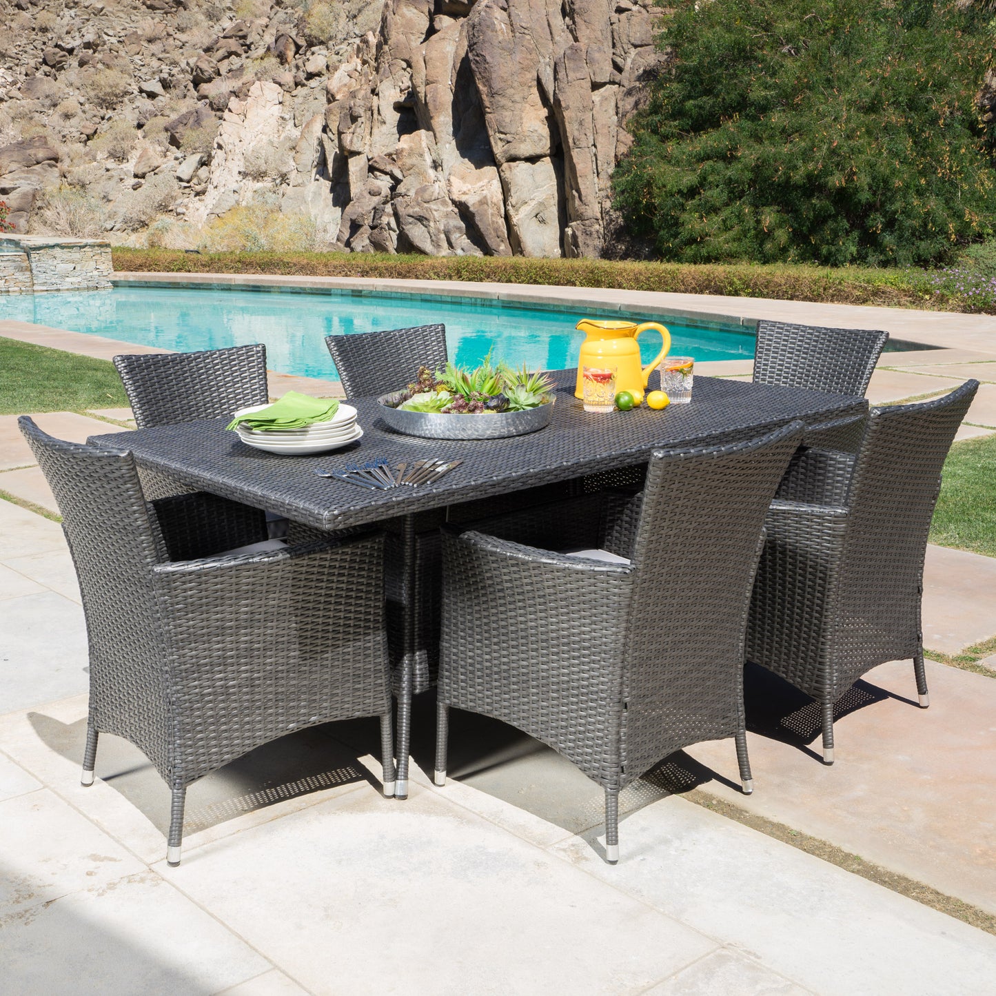Macalla Outdoor 7-Piece Gray Wicker Dining Set with Light Gray Cushions