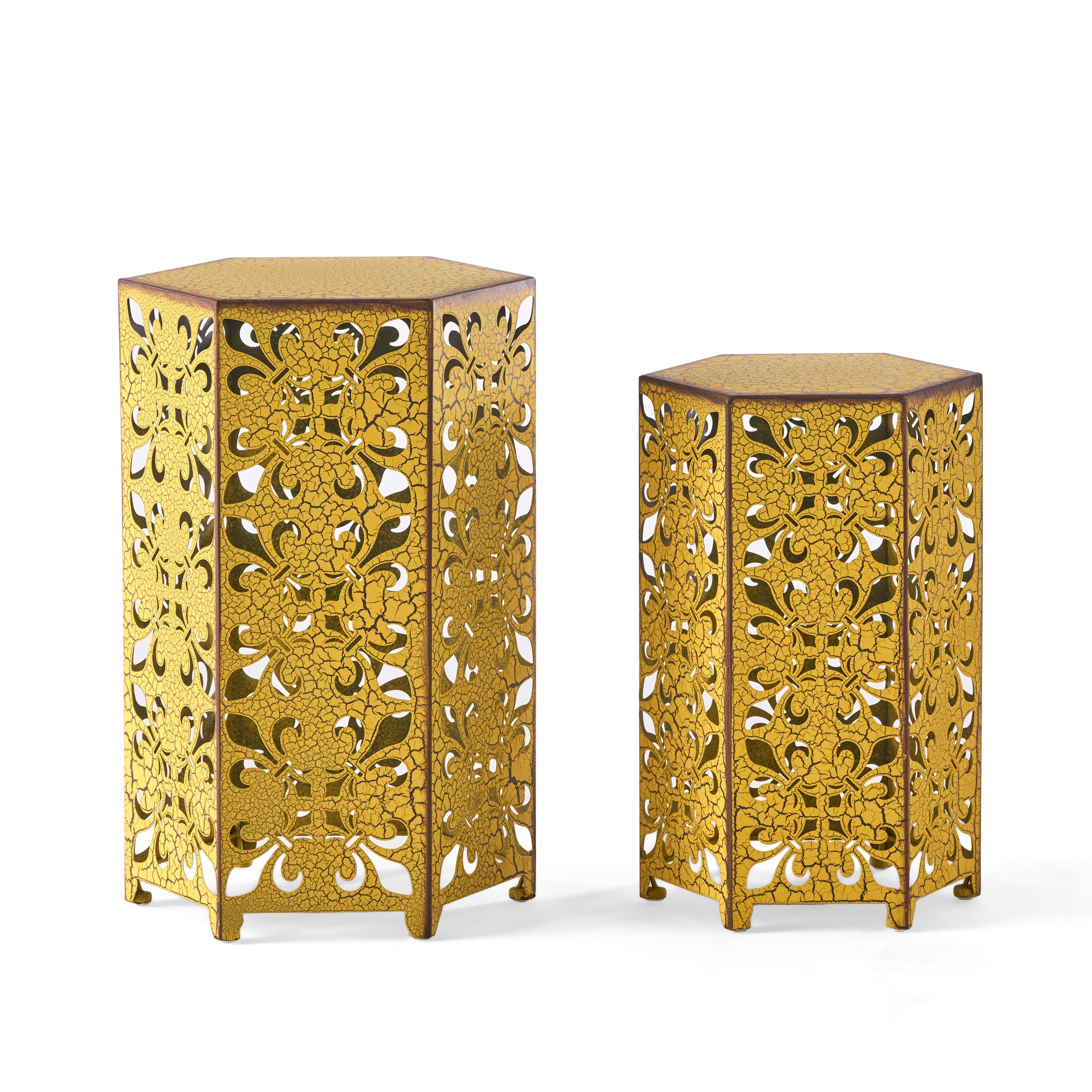 Contemporary Outdoor Hexagonal Antique Yellow Iron Accent Tables (Set