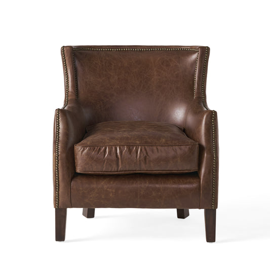 Napier Brown Top Grain Leather Upholstered Club Chair with Nailhead Trim