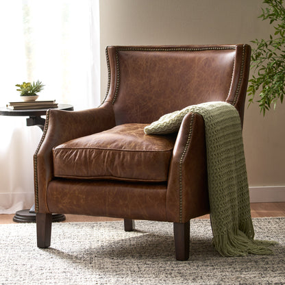 Napier Brown Top Grain Leather Upholstered Club Chair with Nailhead Trim