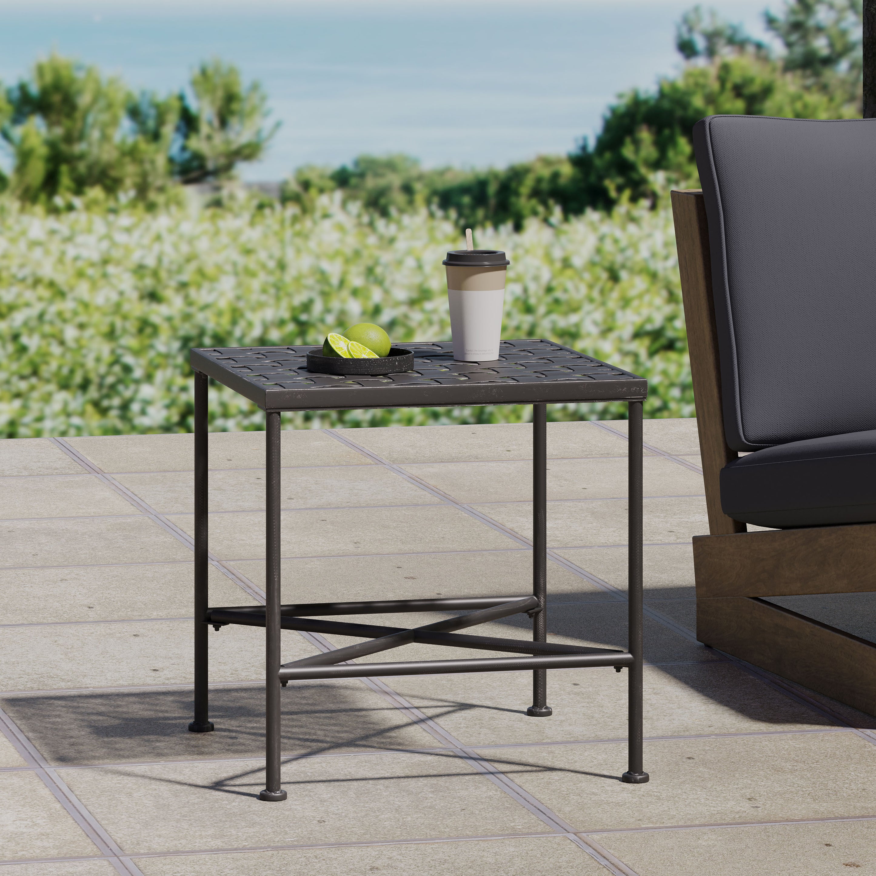 Kent Outdoor Black Iron Side Table GDFStudio