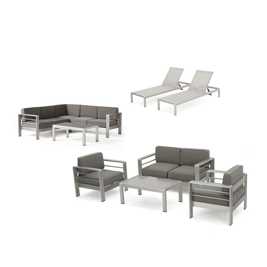 Crested Bay Outdoor Modern 10 Piece Silver Aluminum Sectional Set with Cushions