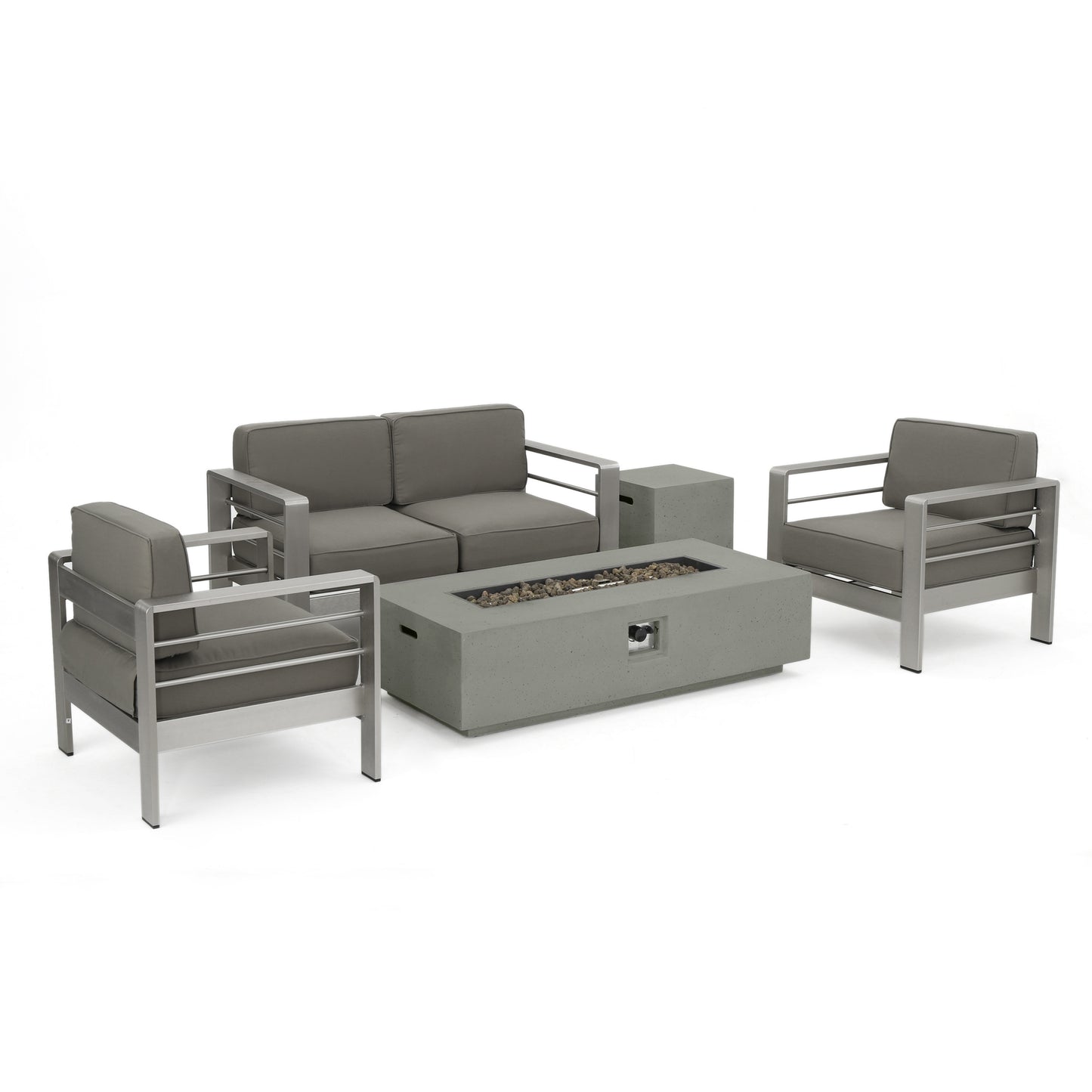 Crested Bay 5pc Modern Outdoor Aluminum Sofa & Chairs Set With Fire Pit