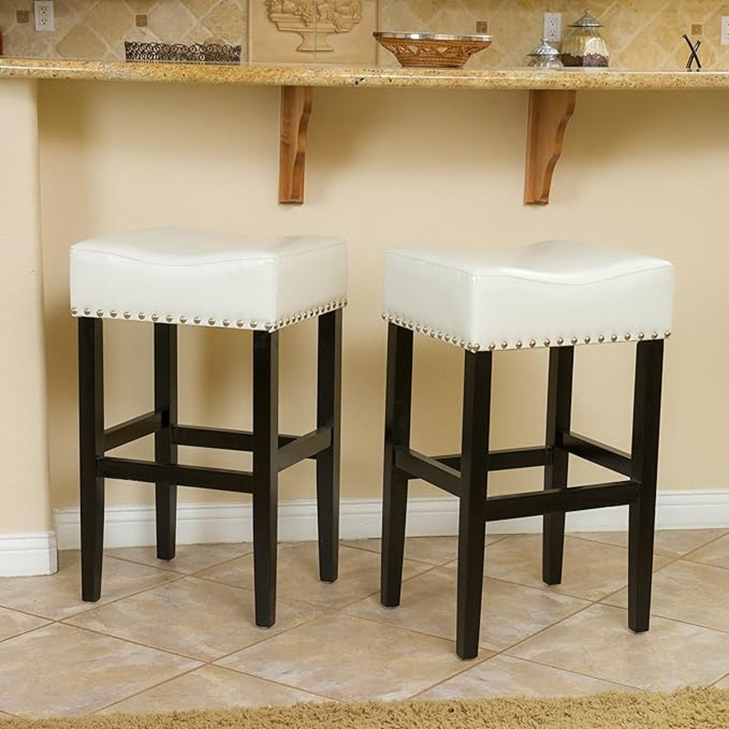 Ogden Contemporary Faux Leather 30 Inch Backless Barstool (Set of 2), Brown and Matte Black