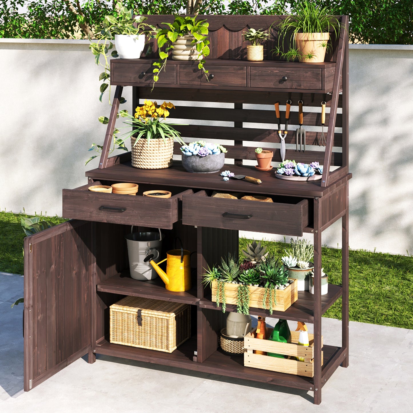 Quirion Brown Fir Wood Potting Bench with Slatted Back Panel & Storage Cabinet & Drawer