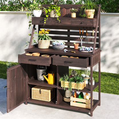 Quirion Brown Fir Wood Potting Bench with Slatted Back Panel & Storage Cabinet & Drawer