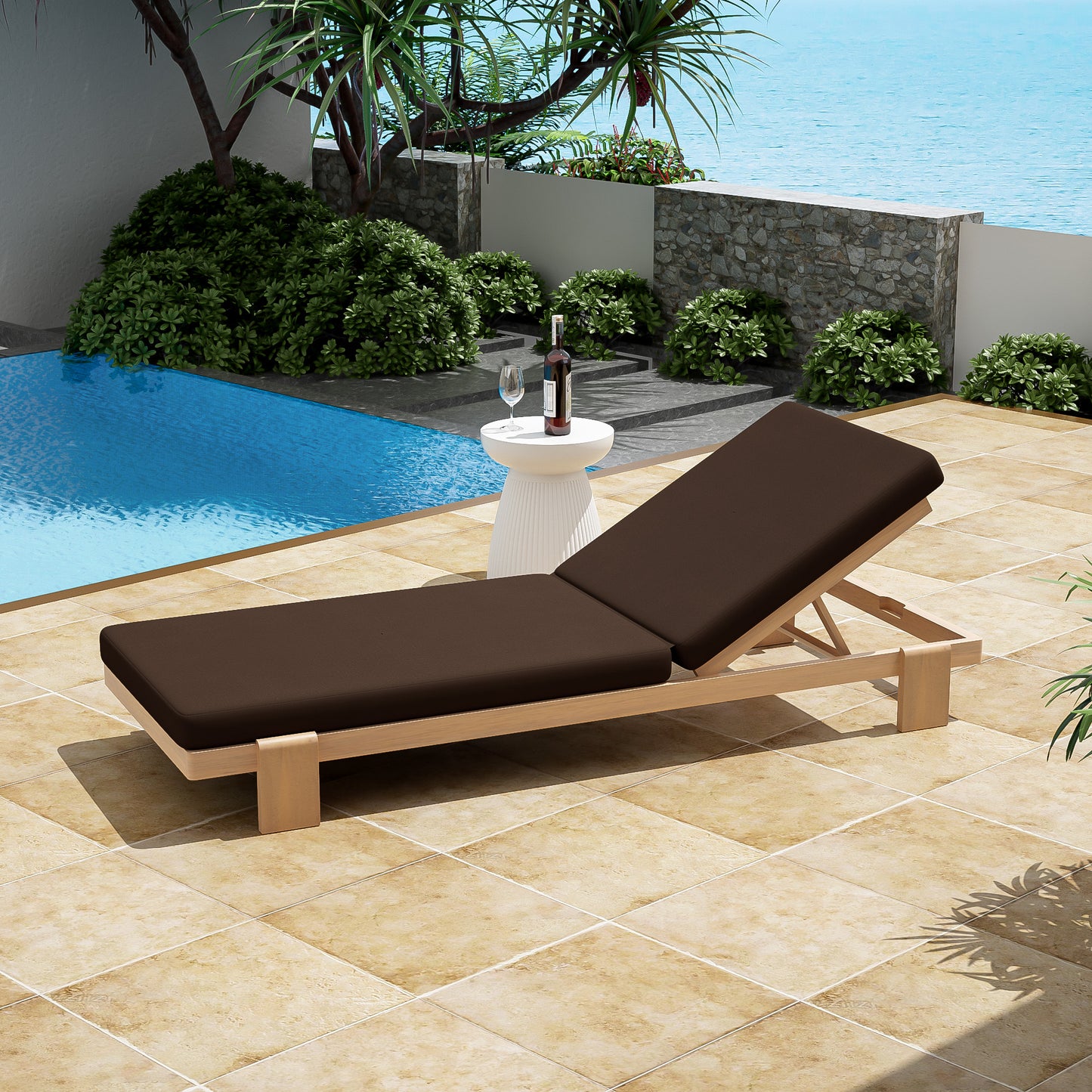 Enchang Outdoor Acacia Wood Chaise Lounge, Teak Frame, with Cushion