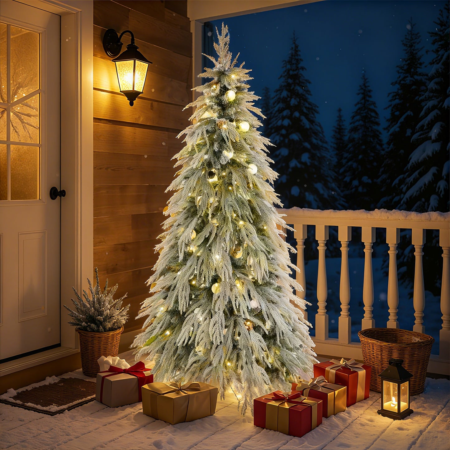 Stellan 5FT Pre-Lit Spruce Snow Flocked Christmas Tree, Artificial Hinged Xmas Tree with LED Lights, Holiday Office Home Décor