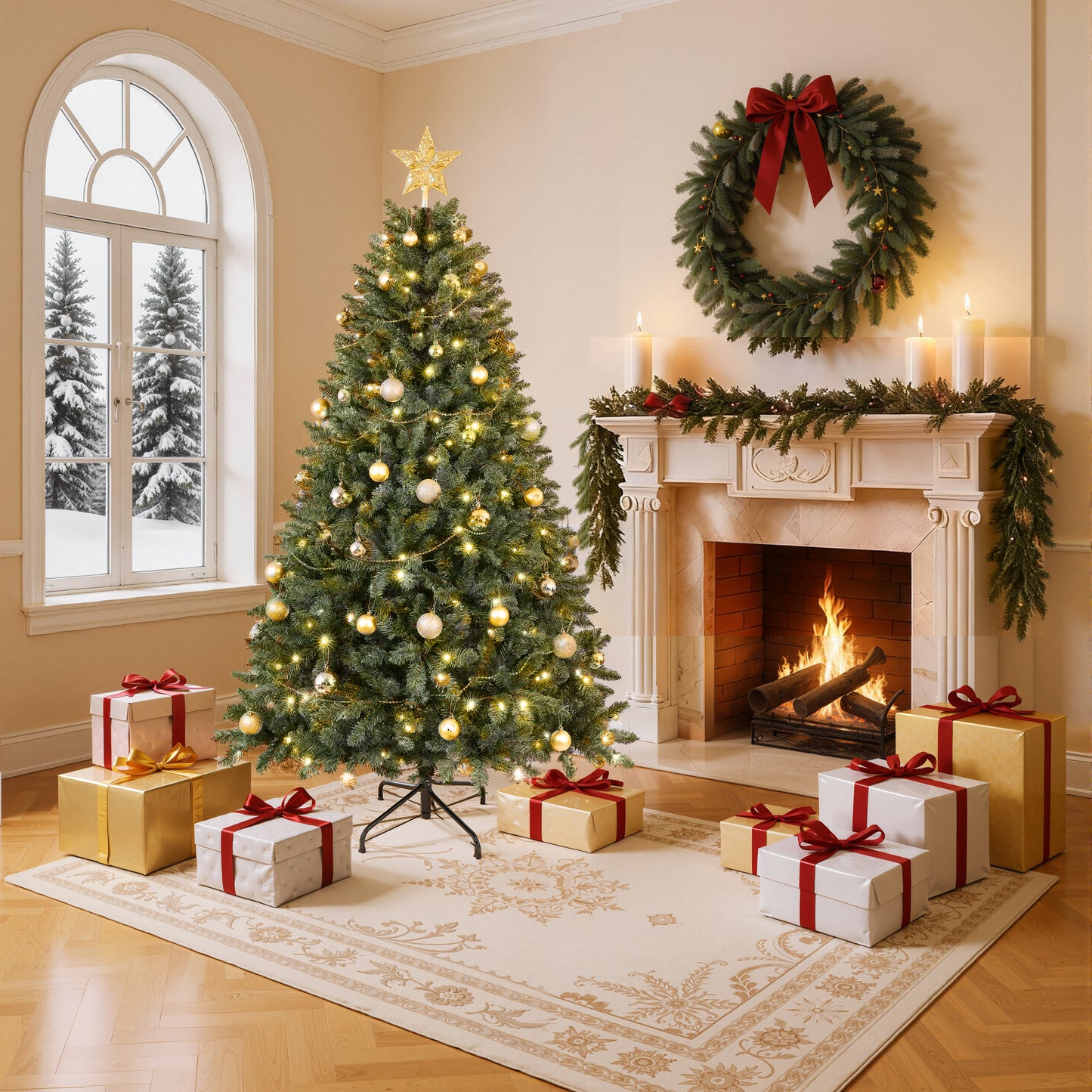 Stellan 6FT Christmas Tree with 250 Warm White LED Lights – 1000 PVC & Hard Needle Tips, Hinged Branch Design, Sturdy Metal Stand – Full Realistic Holiday Tree