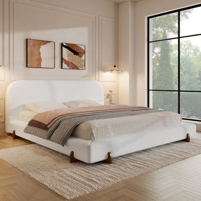 Maren Unique Design, White Fabric and Solid Wood Legs Upholstered Bed Frame