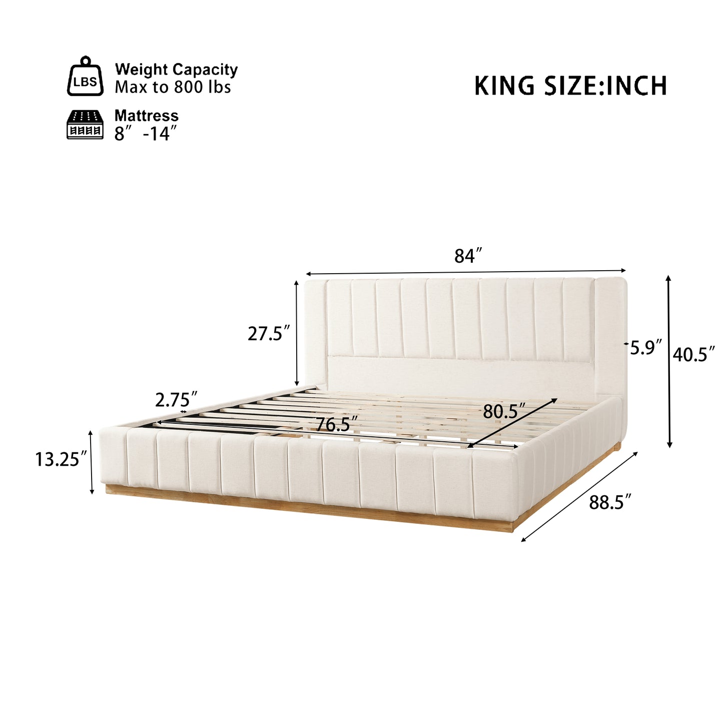 Cosima Beige Striped Fabric Upholstered Bed – Modern Minimalist Platform Design with Elegant Subtle Lines for Serene Contemporary Bedrooms