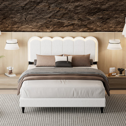 Vegas Lambswool Petal Headboard Bed Frame Cream Style Bedroom Soft Bed with Atmosphere Light