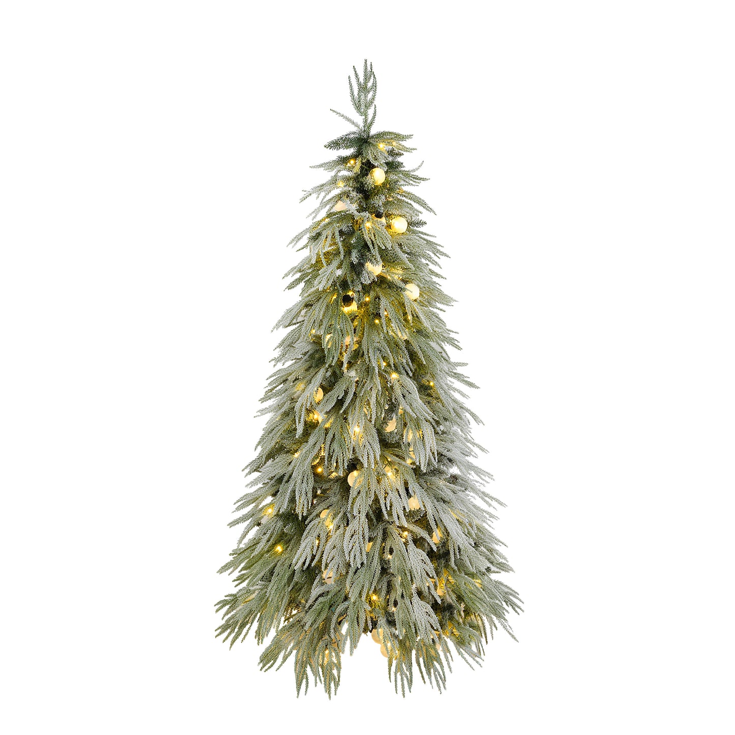 Stellan 5FT Pre-Lit Spruce Snow Flocked Christmas Tree, Artificial Hinged Xmas Tree with LED Lights, Holiday Office Home Décor