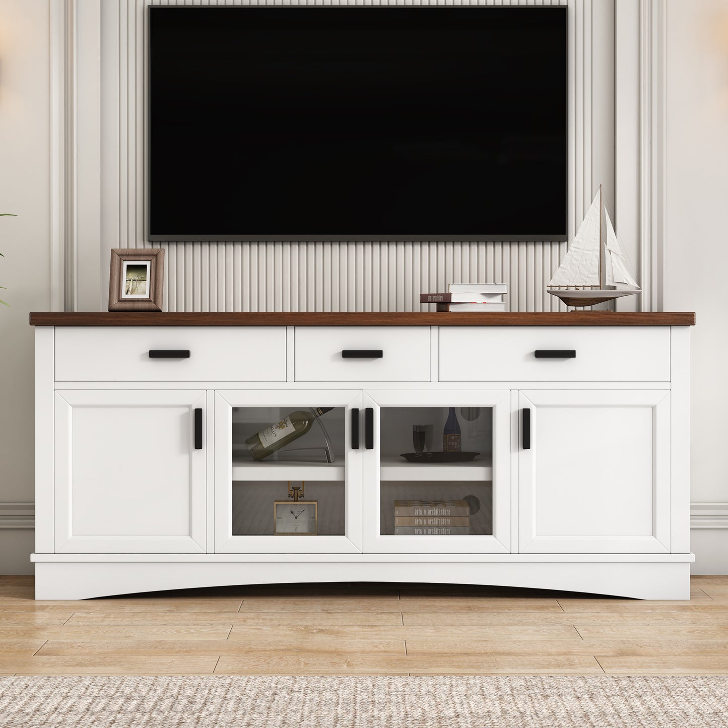 Solther Modern TV Console, 67" Width TV Stand, Glass Doors & Storage Drawers