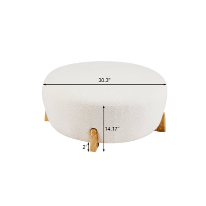 Modis Round Ottoman: Boucle Top with Splayed Rubber Wood Legs