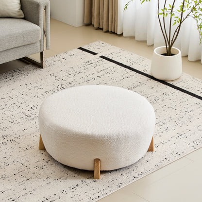 Modis Round Ottoman: Boucle Top with Splayed Rubber Wood Legs