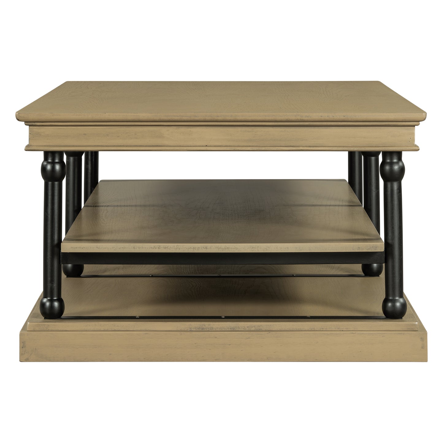 55.1" Wood Coffee Table with Black Legs, 2 Open Storage Shelves, Modern Living Room Table