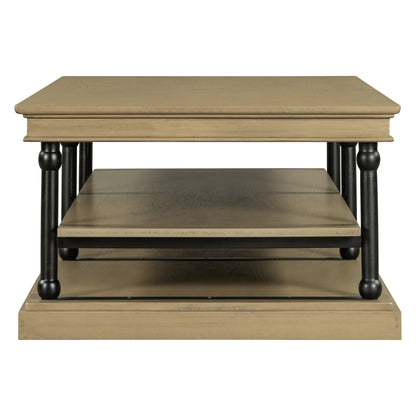 55.1" Wood Coffee Table with Black Legs, 2 Open Storage Shelves, Modern Living Room Table