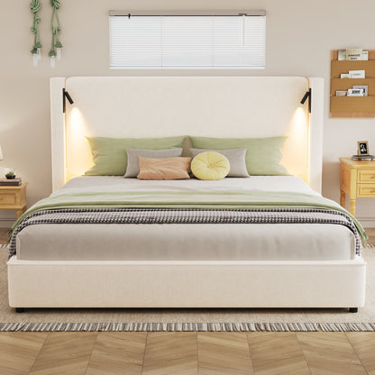 Armoire Hazel 49.20" H King Headboard Bed, Upholstered King Size Bed, Slats Panel Support Platform, No Spring Box Needed, Wingback Headboard with Reading Lamps and USB, Beige