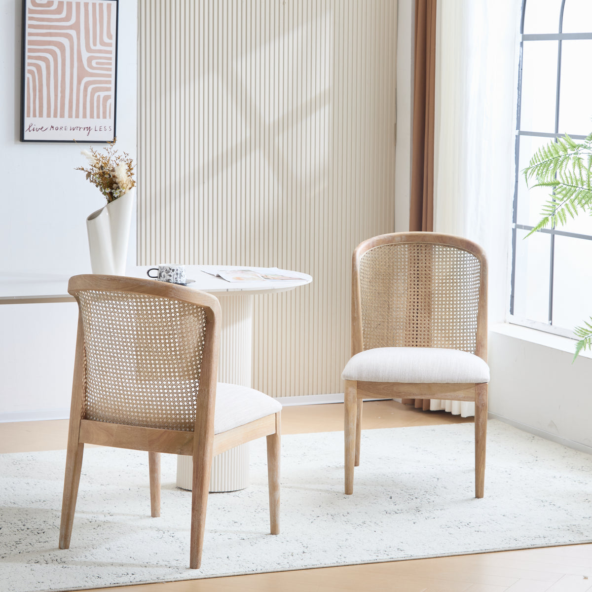 Diaphanous Lilia Dining Chairs Set of 2, Modern Dining Chair with Fabric Upholstery, Rubberwood Frame Kitchen Chairs with Cane Webbing, Extra Seat for Dining Room, Beige + Natural