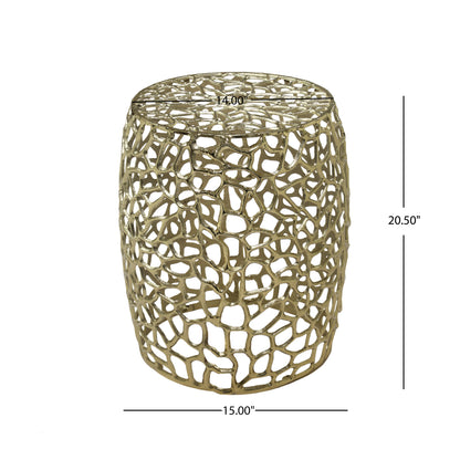 Saga Aluminum Drum hollow End Table with Intricate Design