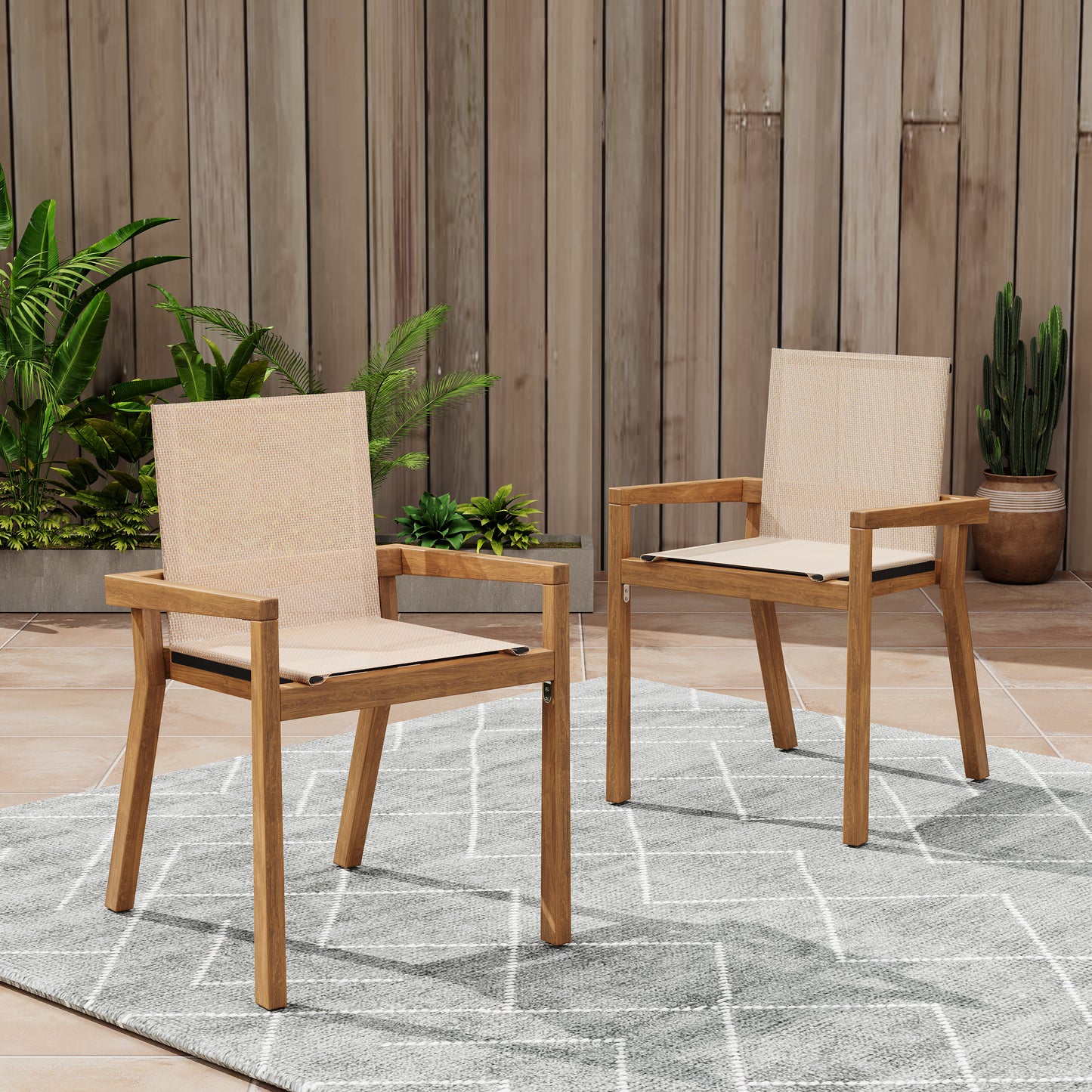 Jimmy Outdoor Acacia Wood and Mesh Dining Chairs (Set of 2)