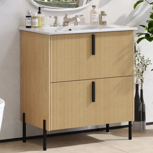 Peaken 30" Bathroom Vanity with Ceramic Sink and Full-Extension Drawers, Soft Close Undermount Drawer Slides