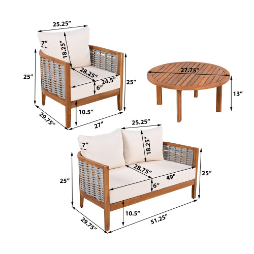 ThruBeam Outdoor Unique Tub Design 4-Seat Sofa Set with Woven Rope, 4 Pieces Acacia Wood Patio Furniture Set
