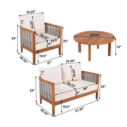 ThruBeam Outdoor Unique Tub Design 4-Seat Sofa Set with Woven Rope, 4 Pieces Acacia Wood Patio Furniture Set