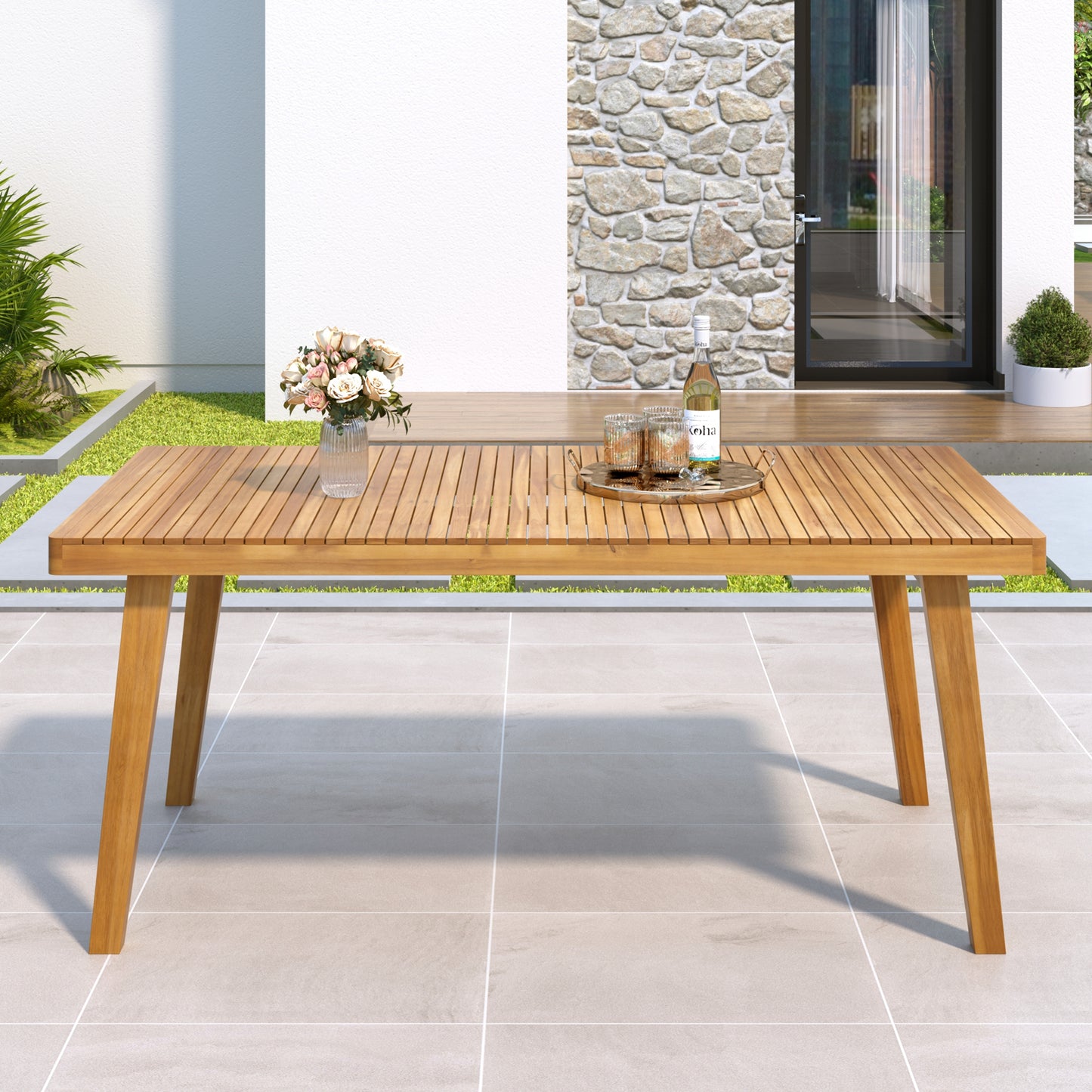 Somadorin 69" Acacia Wood Outdoor Dining Table with Slatted Top