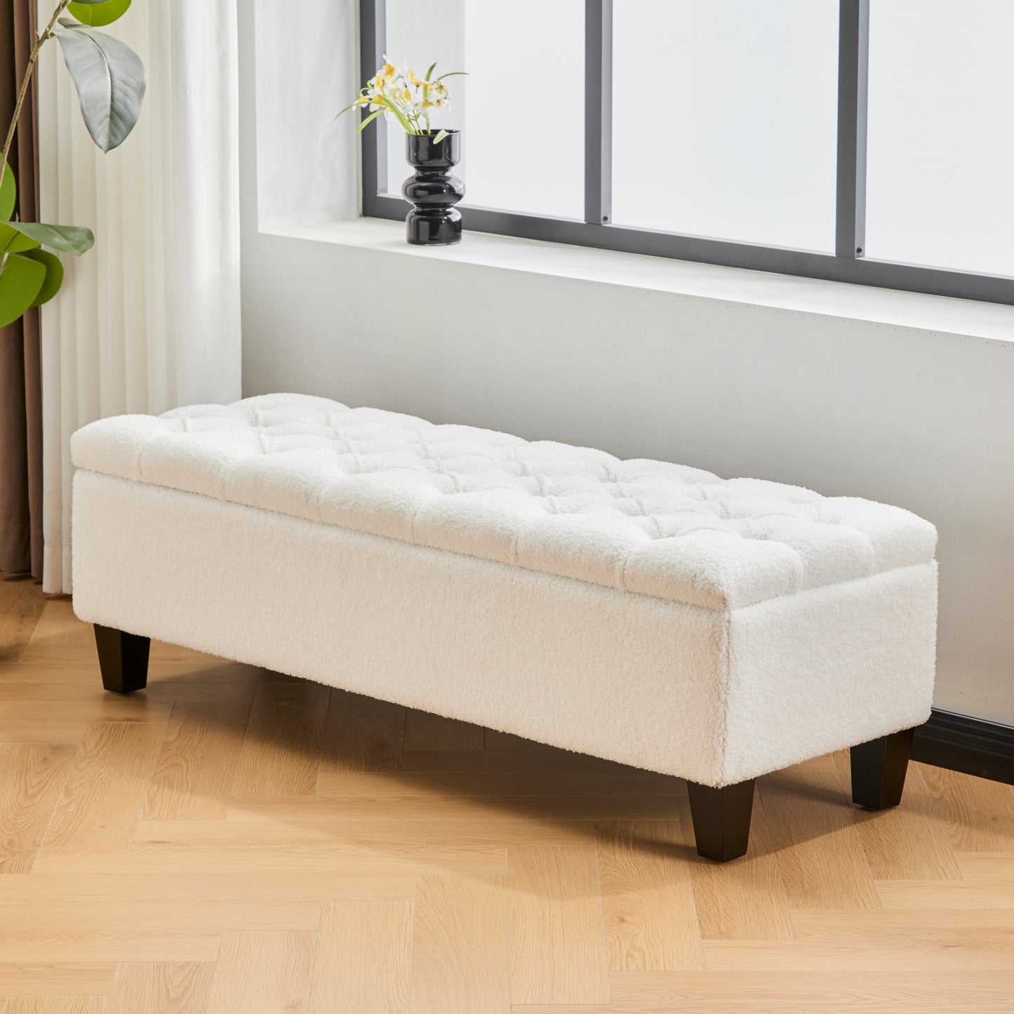 HaChe Ottoman Bench with Storage,Boucle Surface, Rubber Wood Legs, 300 lbs Capacity