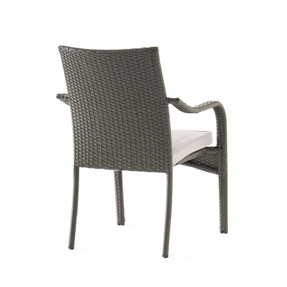 Eulaliy Outdoor 6 Pieces PE Rattan Chat Set,Include 4 Stacking Chair With Cushion,1 Wood Bench,1 Dining Table