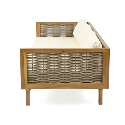 Xenath Outdoor Patio Furnitre Sets 3 Pieces,3 Seater Daybed With Rattan Arms  + Acacia Wood Table
