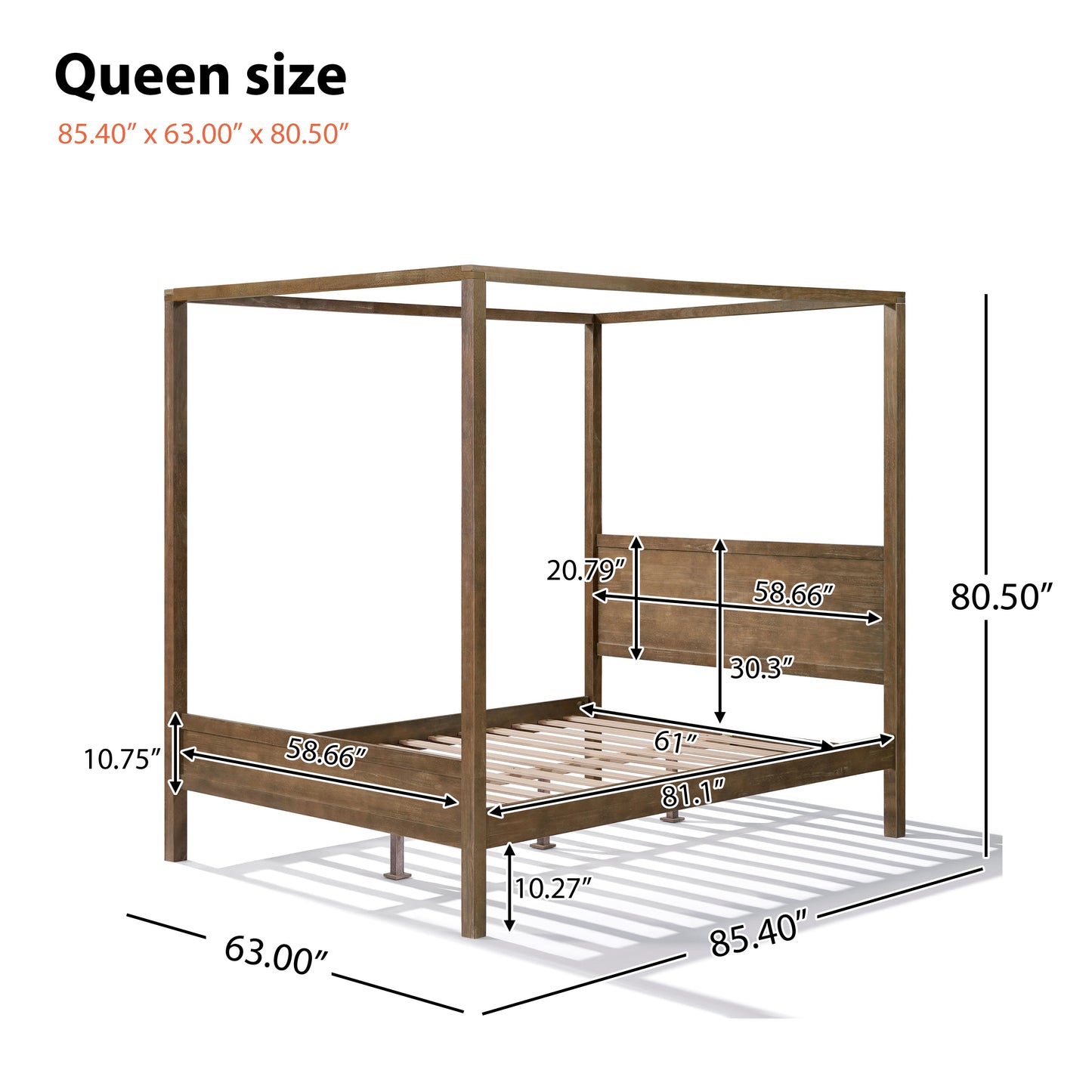 Quorcanor Queen Size Antique Oak Feature Solid Wood Canopy Bed