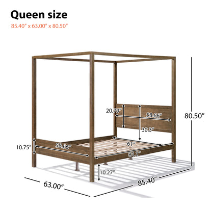 Quorcanor Queen Size Antique Oak Feature Solid Wood Canopy Bed