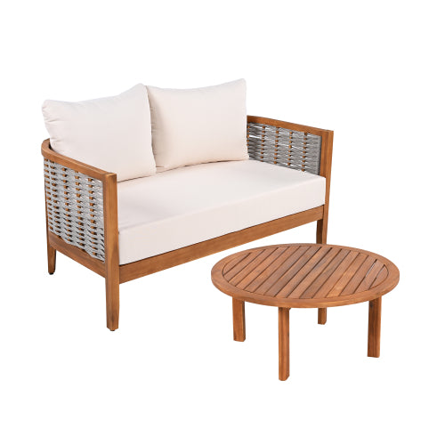 ThruBeam 2 Pieces Acacia Wood Patio Furniture Set, Loveseat with Woven Rope Table