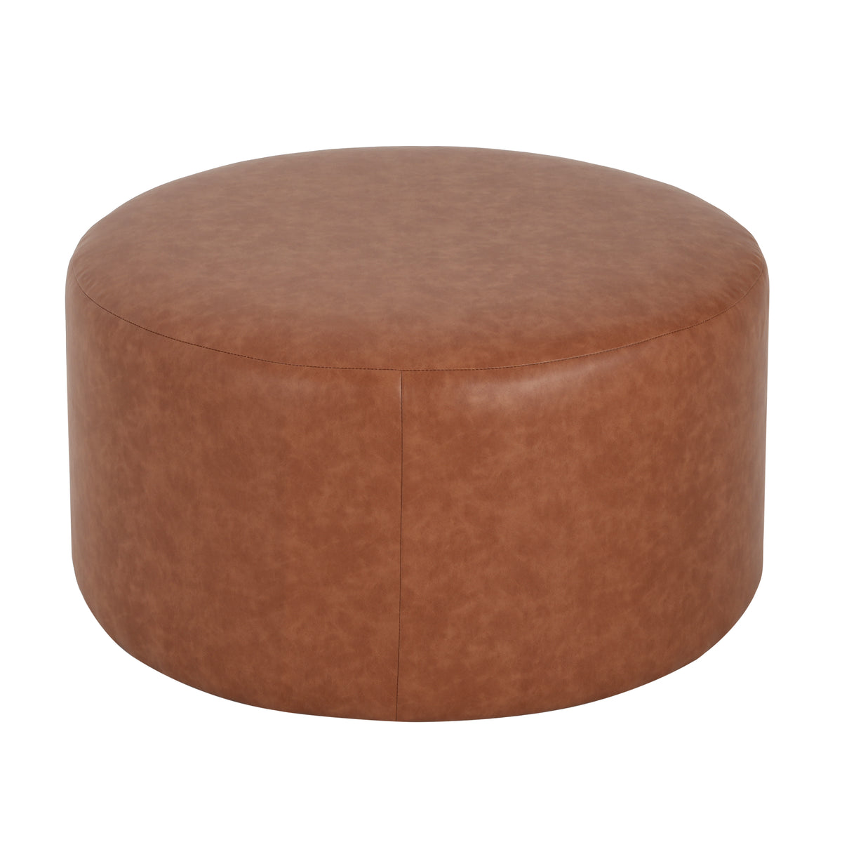 Placidity GAVI PU Leather Ottoman Foot Stool, 30" Pouf Footstool Ottoman Seat, Upholstered Foot Chair, Round Footrest, Modern Side Table for Living Room Bedroom Home Decor, Cognac Brown