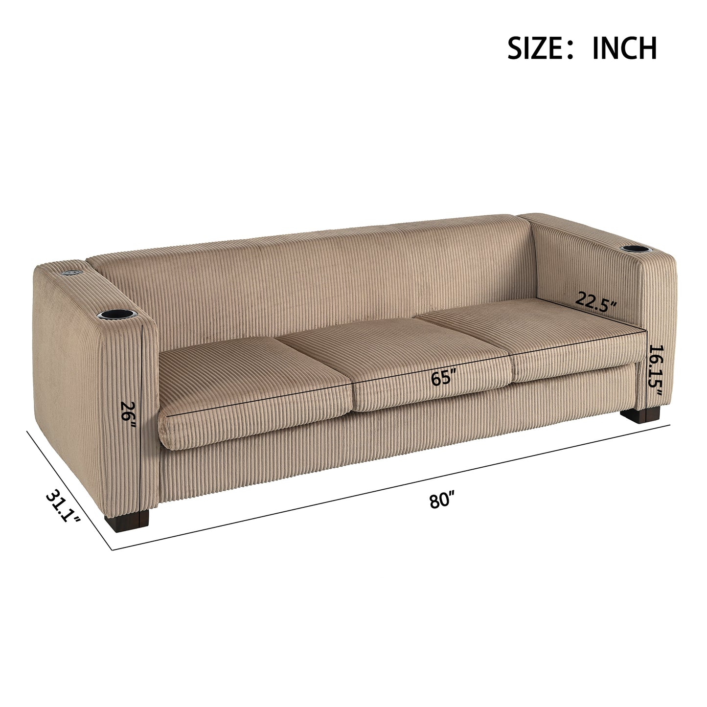 Modern three-seat Solid Wood sofa in striped finish with two cup holders