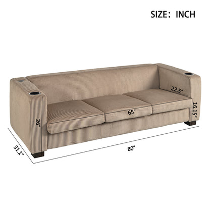 Modern three-seat Solid Wood sofa in striped finish with two cup holders